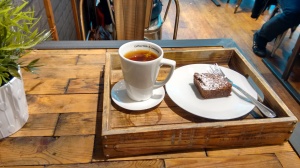 Tea and brownie at Manhattan Coffee Club.